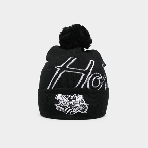 B&W Script Burst Pom Pom Beanie